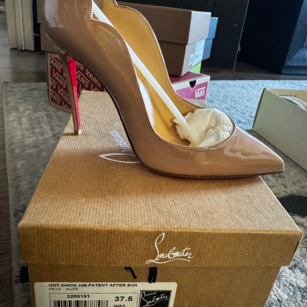 Christian Louboutin Beige Patent Heels with Red Sole